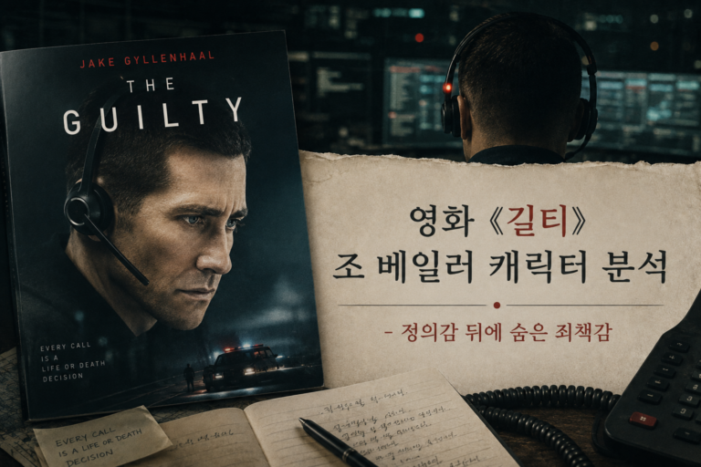영화 《길티》 포스터와 헤드셋을 쓴 조 베일러의 모습