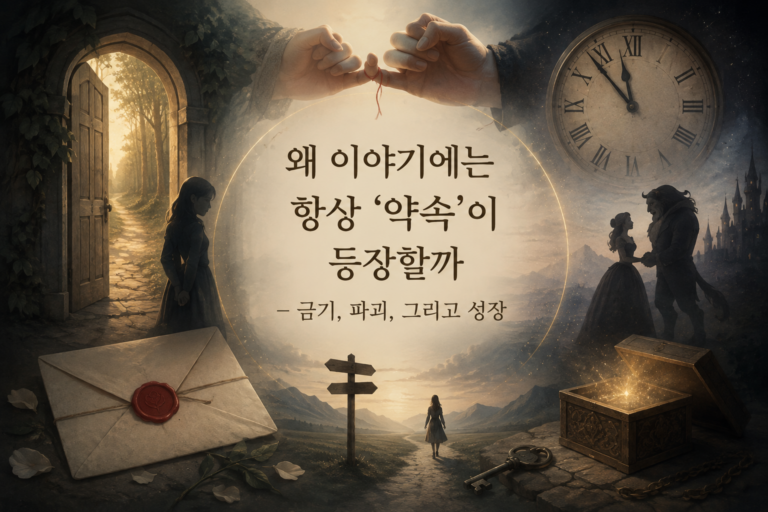 약속과 금기, 선택을 문과 열쇠, 갈림길로 표현한 대표 이미지